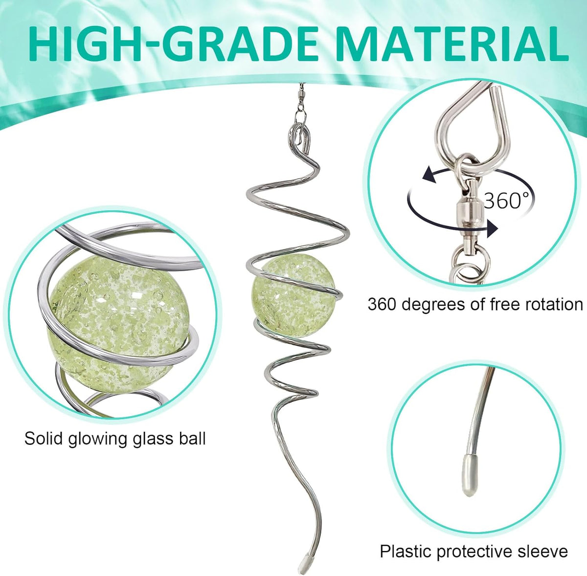 Glow in The Dark Gazing Ball Spiral Tail - Wind Spinner Stabilizer with Glow Glass Ball & Swivel