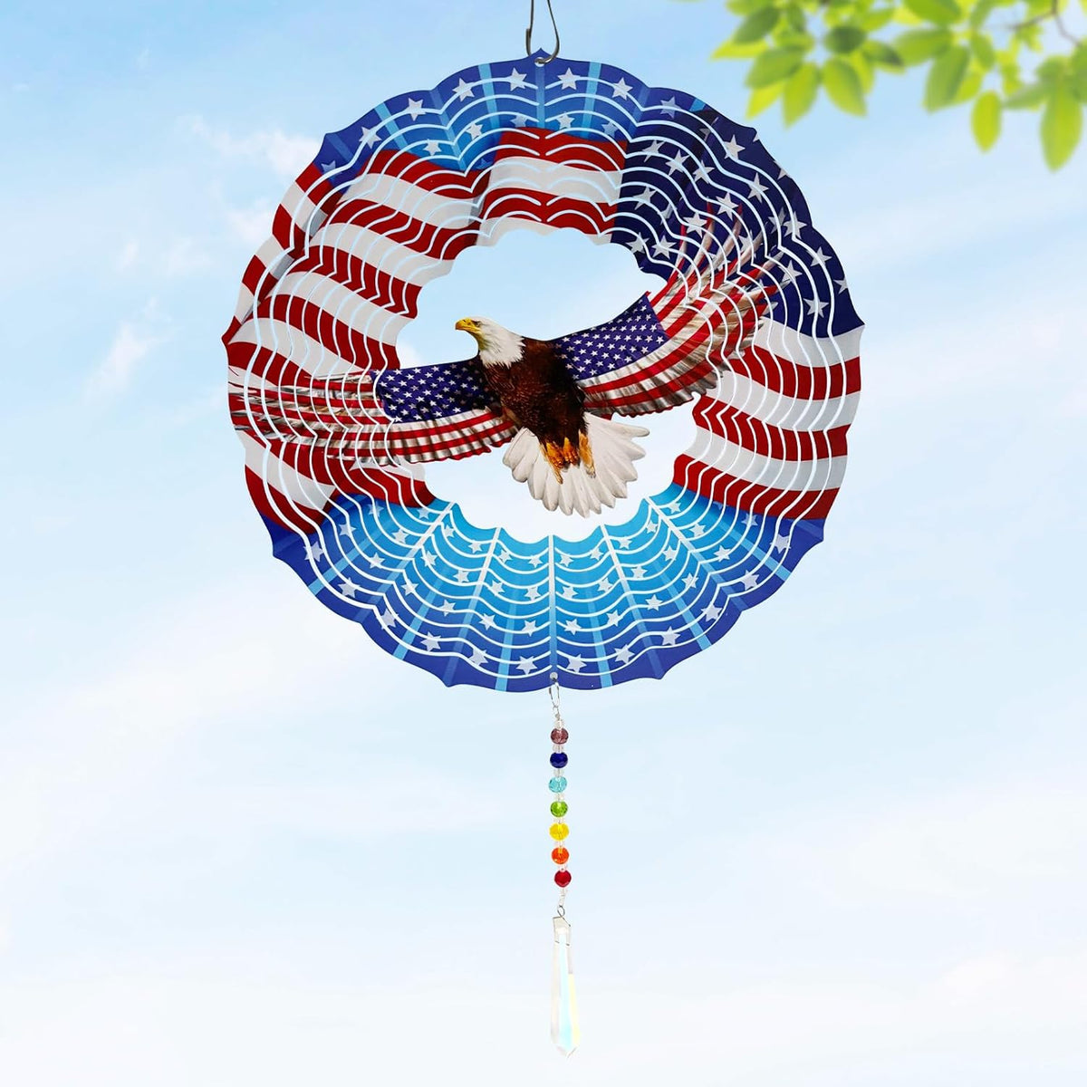 American Eagle Wind Spinner Crystal Tail, Marzovitra 10 inch 3D Stainless Steel Hanging Wind