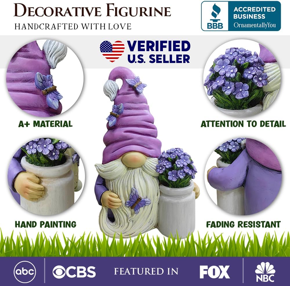 OrnamentallyYou Garden Grace Lavender Gnome Figurine, 10" Purple Home Decor Statue with Butterflies