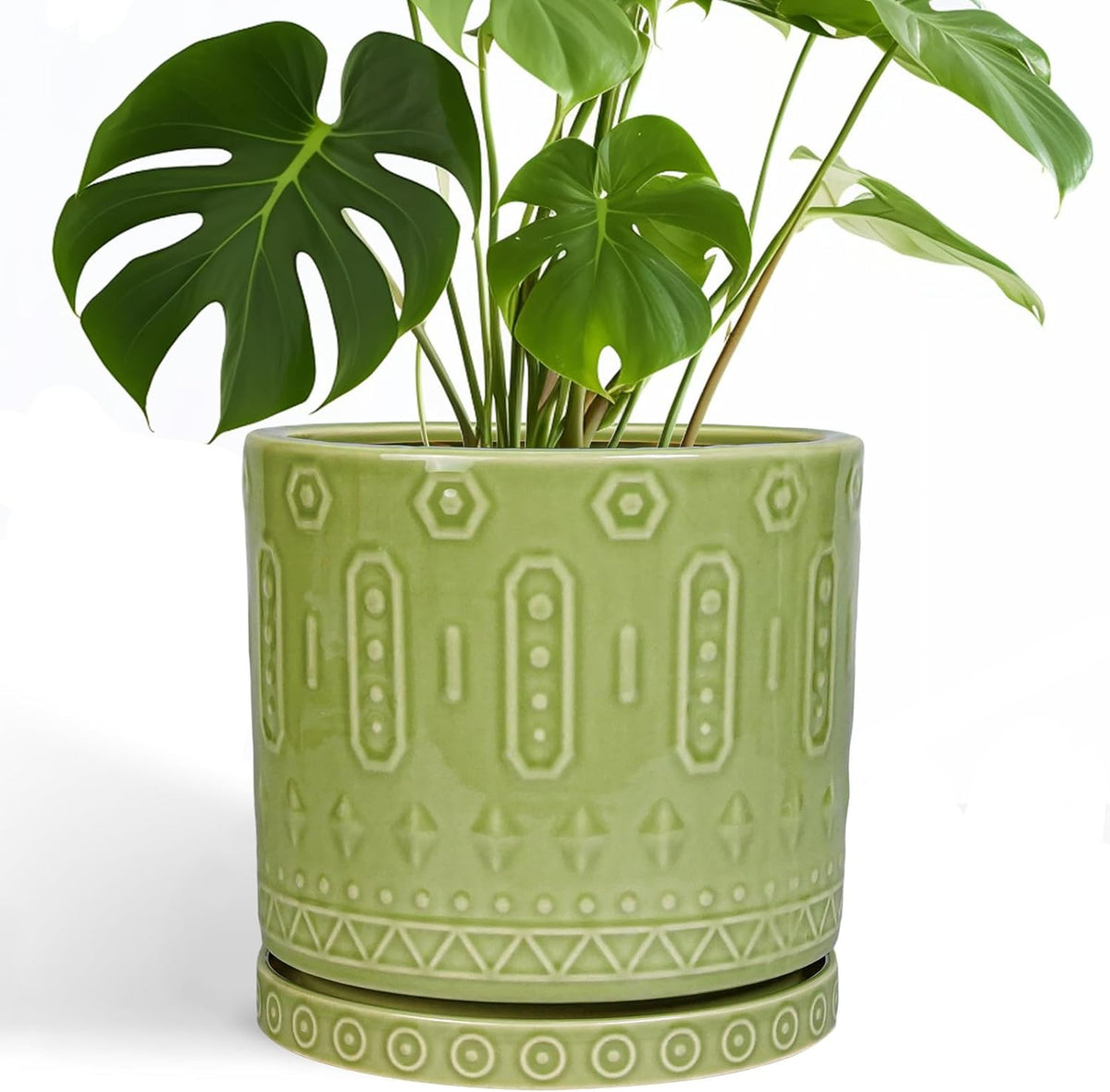 Ceramic Pot for Plants - 10 Inch Indoor Plant Pots with Drainage Holes and Saucer, Boho Round