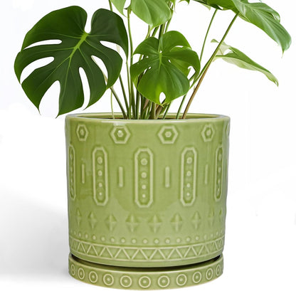 Ceramic Pot for Plants - 10 Inch Indoor Plant Pots with Drainage Holes and Saucer, Boho Round