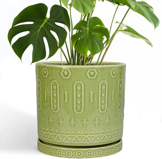 Ceramic Pot for Plants - 10 Inch Indoor Plant Pots with Drainage Holes and Saucer, Boho Round