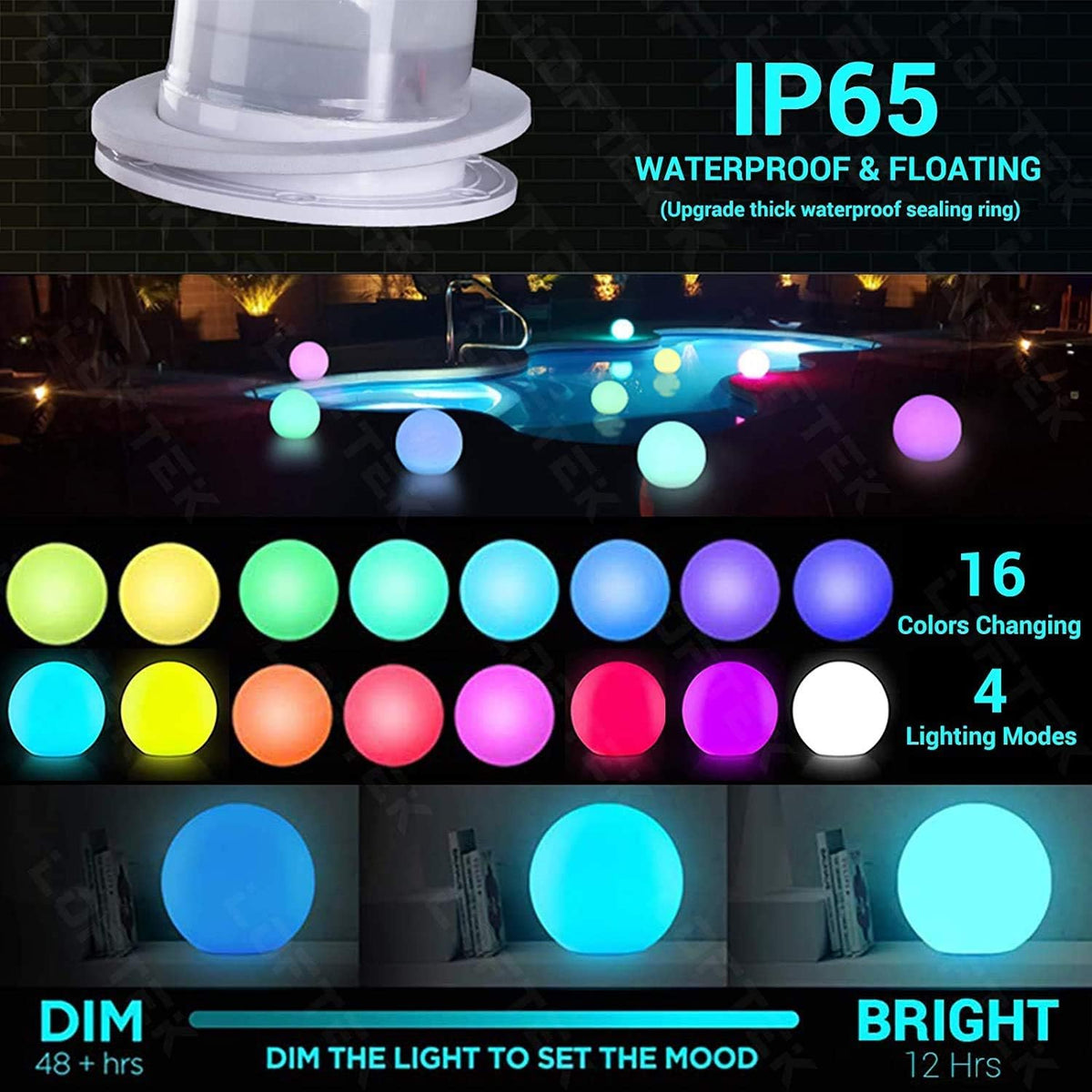 LOFTEK Pool LED Light Ball - 12-inch Sphere Lamp Rechargeable - 16 RGB Cool Lamp for Bedroom