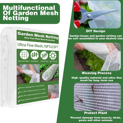 Garden Mesh Netting Kit, 10x33FT Ultra Fine Mesh Netting with 6 Sets Fiberglass Garden Hoops & 24