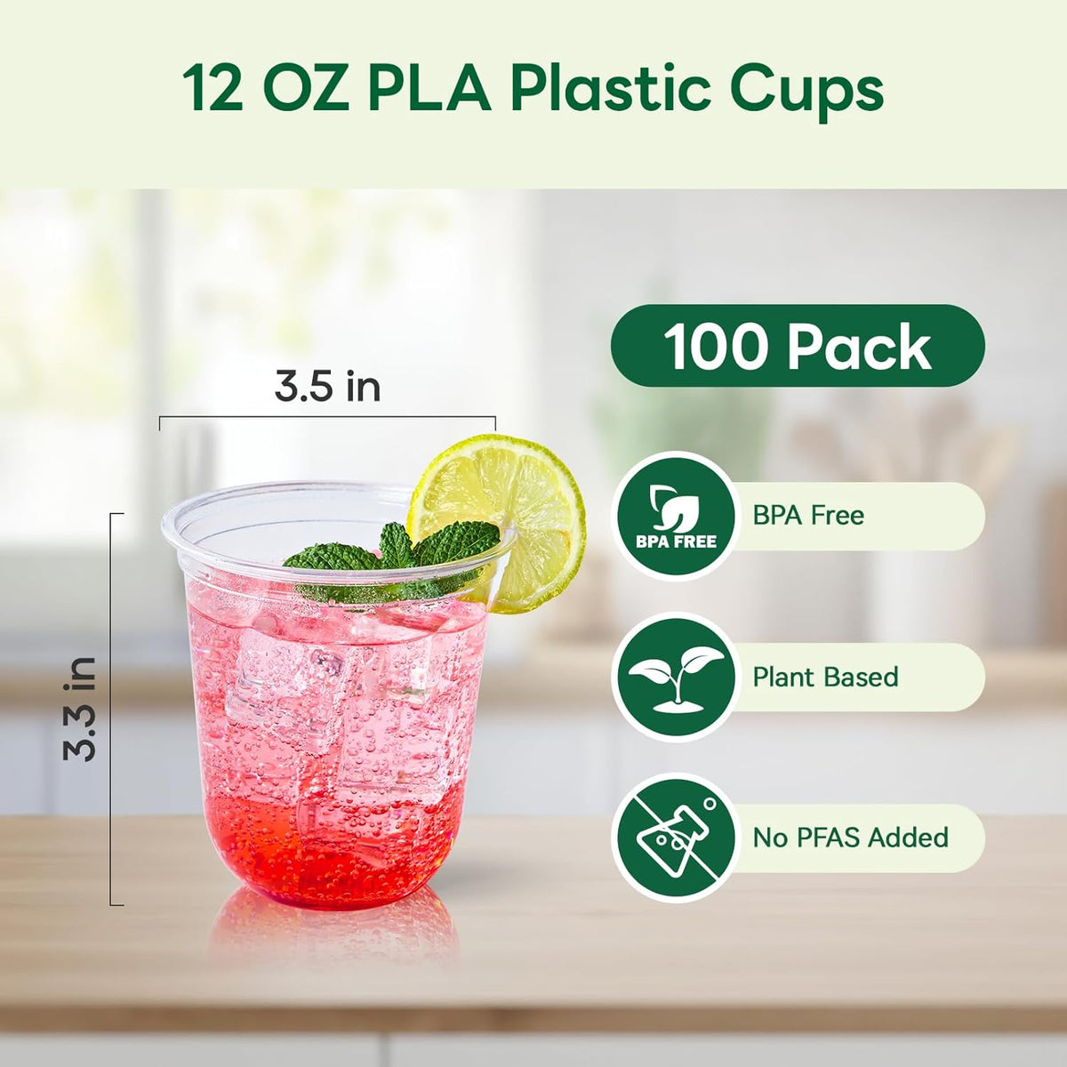 Vplus 12 oz Compostable Clear Plastic Cold Cups, 100 Pack Biodegradable Disposable Cups, BPA & PFAS