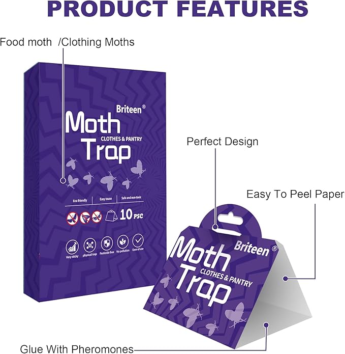 Pantry Moth Traps 10-Pack Safe and Effective for Food and Clothing- Glue Traps with Pheromones for