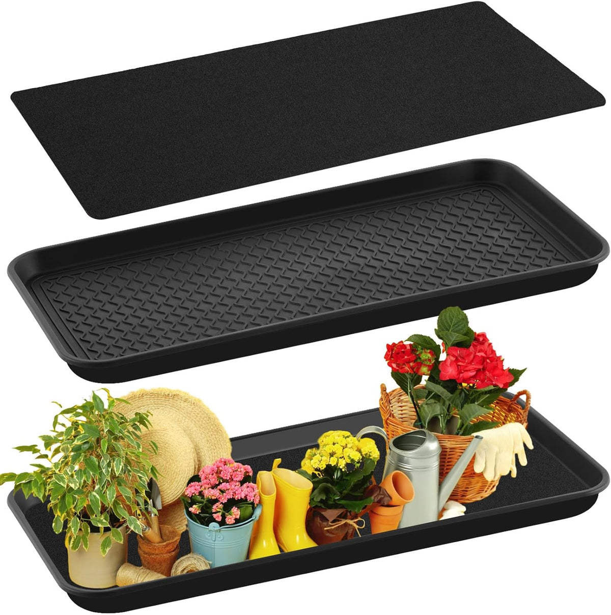 Vesici 1 Set/2 Pcs Large Self-Watering Plant Trays (30"x15") and 3mm Capillary Mat-Automatic