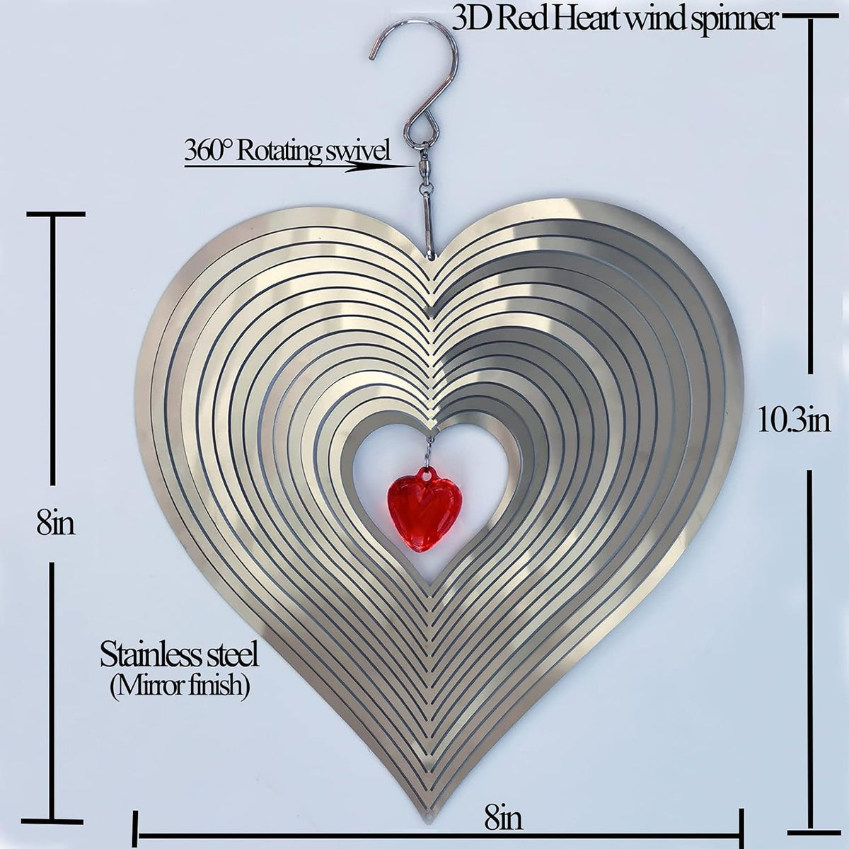 DJUAN Wind Spinner Outdoor Metal Decorations,3D Red Heart Wind Spinners for Yard and Garden, Mirror