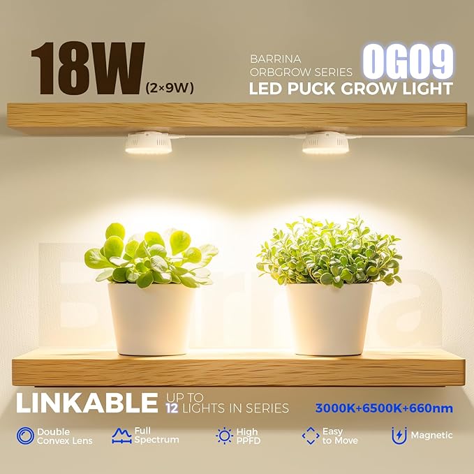 Barrina Orbgrow OG09 Puck Grow Light with Timer, 660nm Red LEDs 18W(2 x 9W, 270 Watt Equiv), Full