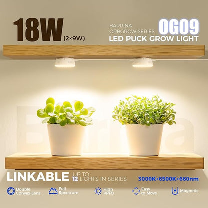 Barrina Orbgrow OG09 Puck Grow Light with Timer, 660nm Red LEDs 18W(2 x 9W, 270 Watt Equiv), Full