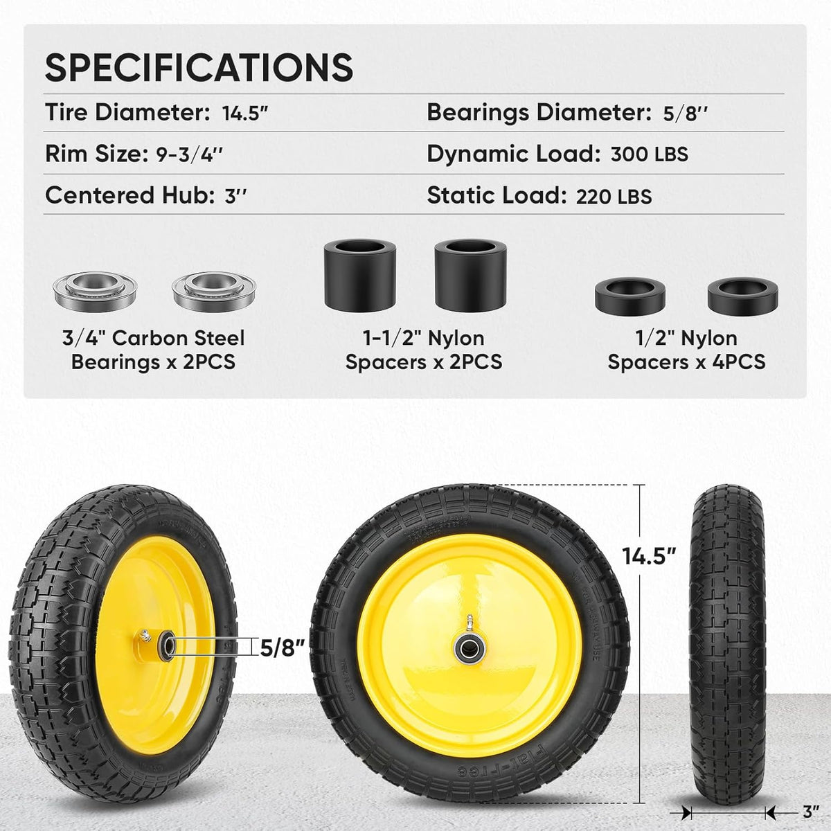 TICONN 4.80/4.00-8 Tire, 14.5" Flat Free Wheelbarrow Tire and Wheel, Solid Replacement Tires with