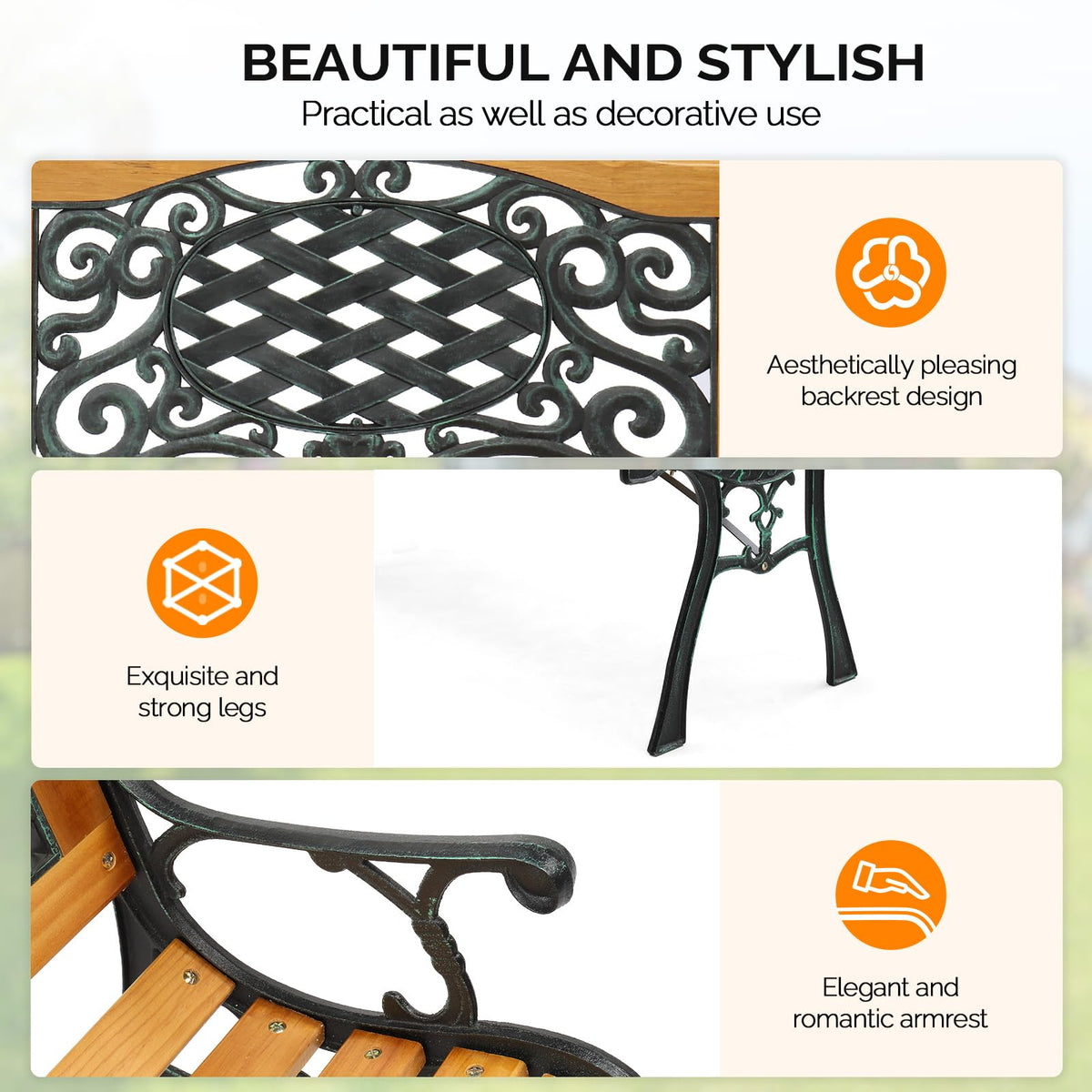 VINGLI Classic Cast Iron & Teak Arched Back Rectangular Outdoor Bench, 3-Seater, 470 lbs Capacity