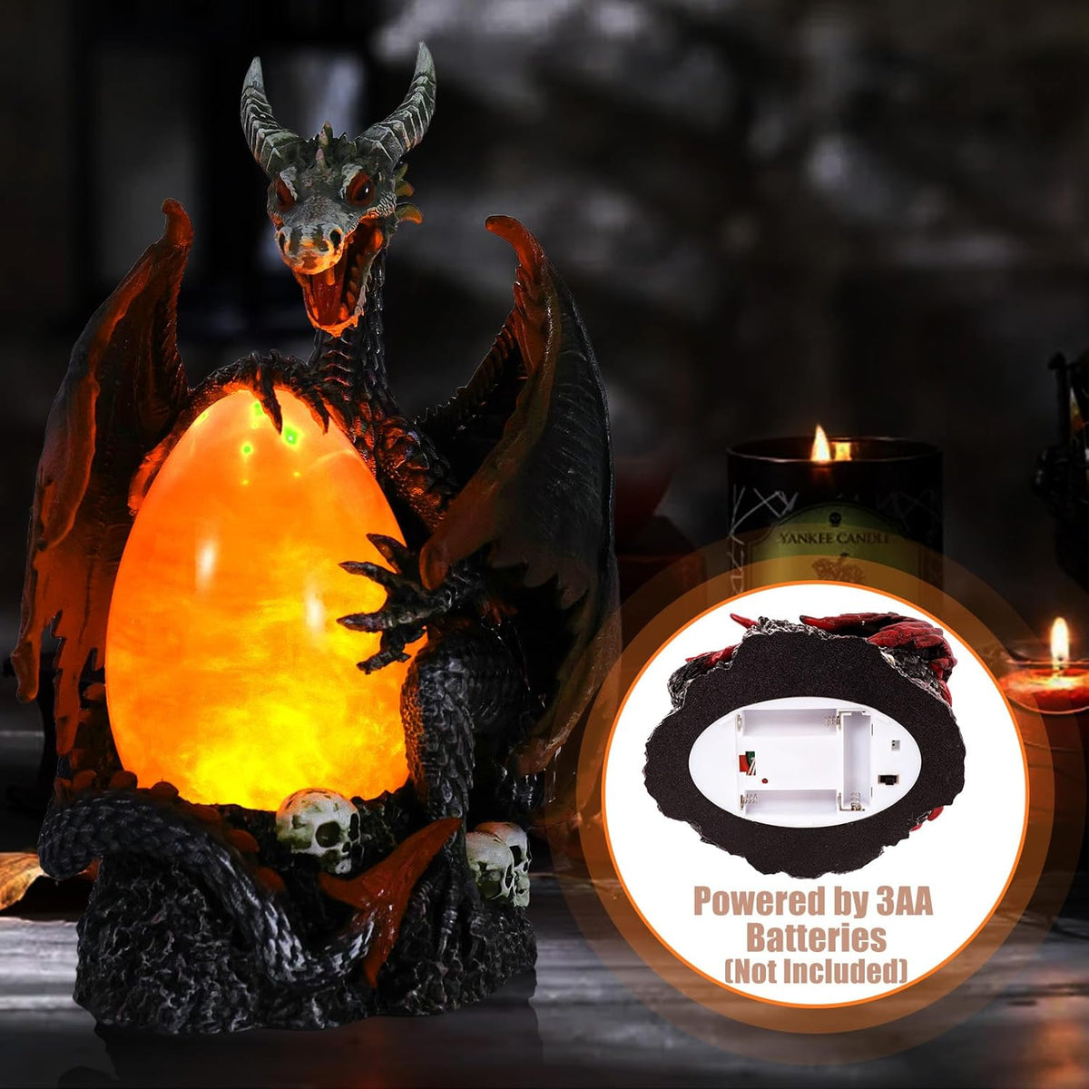 Evil Dragon Snow Globe Statue, Illuminated Water Filled Egg, Rotating Mist Effect, Skull-Embedded