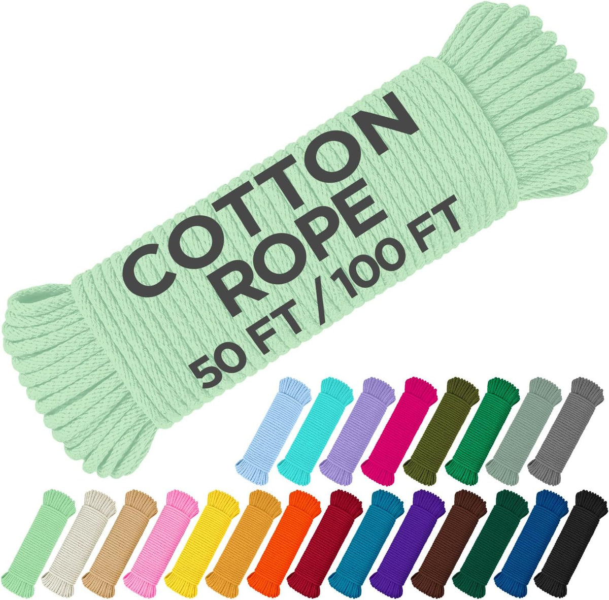 TECEUM Cotton Rope 3/16” (5 mm) – 50 FT – Strong All-Purpose Braided Rope – Natural Cotton – for