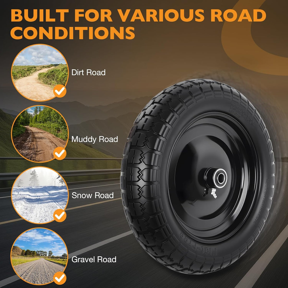 HQPASFY 14.5" Flat Free Tire 4.80/4.00-8 Wheelbarrow Tire and Wheel, 3" Centered Hub, 5/8" & 3/4"