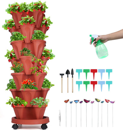 Vertical Planter, 7 Tier Stackable Strawberry Planter with Garden Tool Set, Movable Indoor/Outdoor