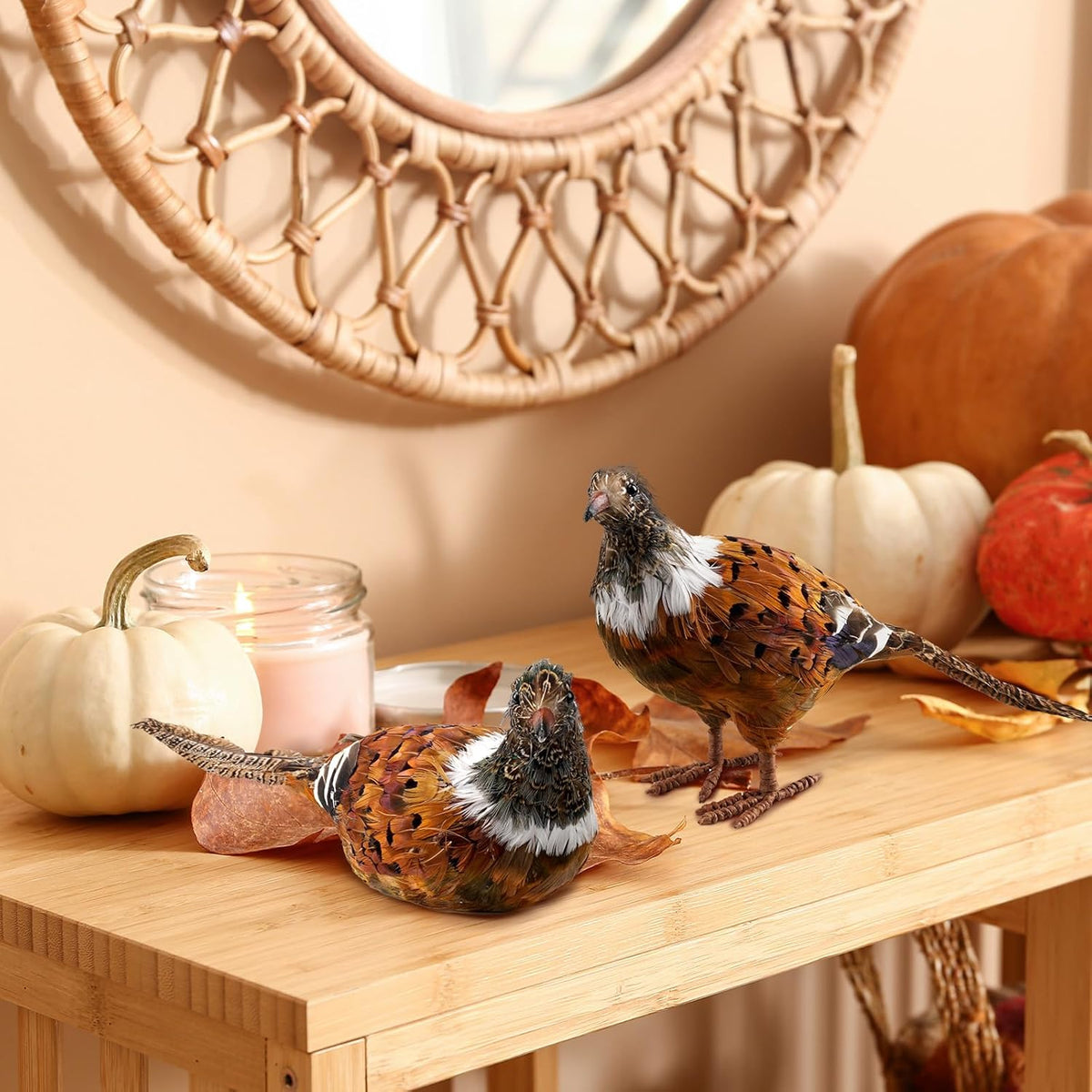 naturevibe Feathered Pheasant Decor Set of 2,Simulation Woodland Animals Figurines with Natural