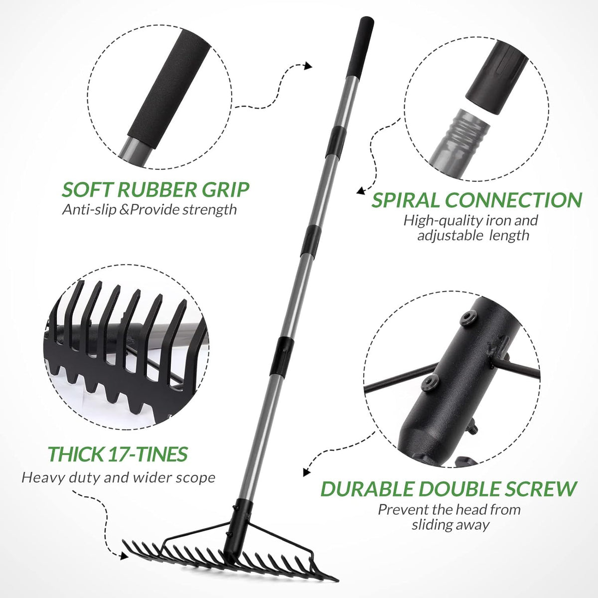 Walensee 5.4FT Bow Rake Heavy Duty Garden Rake with Stainless Steel Handle, 17 Steel Tines Garden