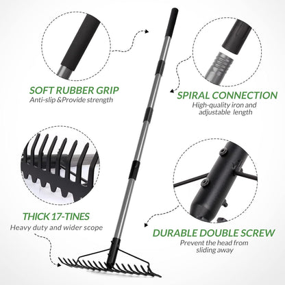 Walensee 5.4FT Bow Rake Heavy Duty Garden Rake with Stainless Steel Handle, 17 Steel Tines Garden