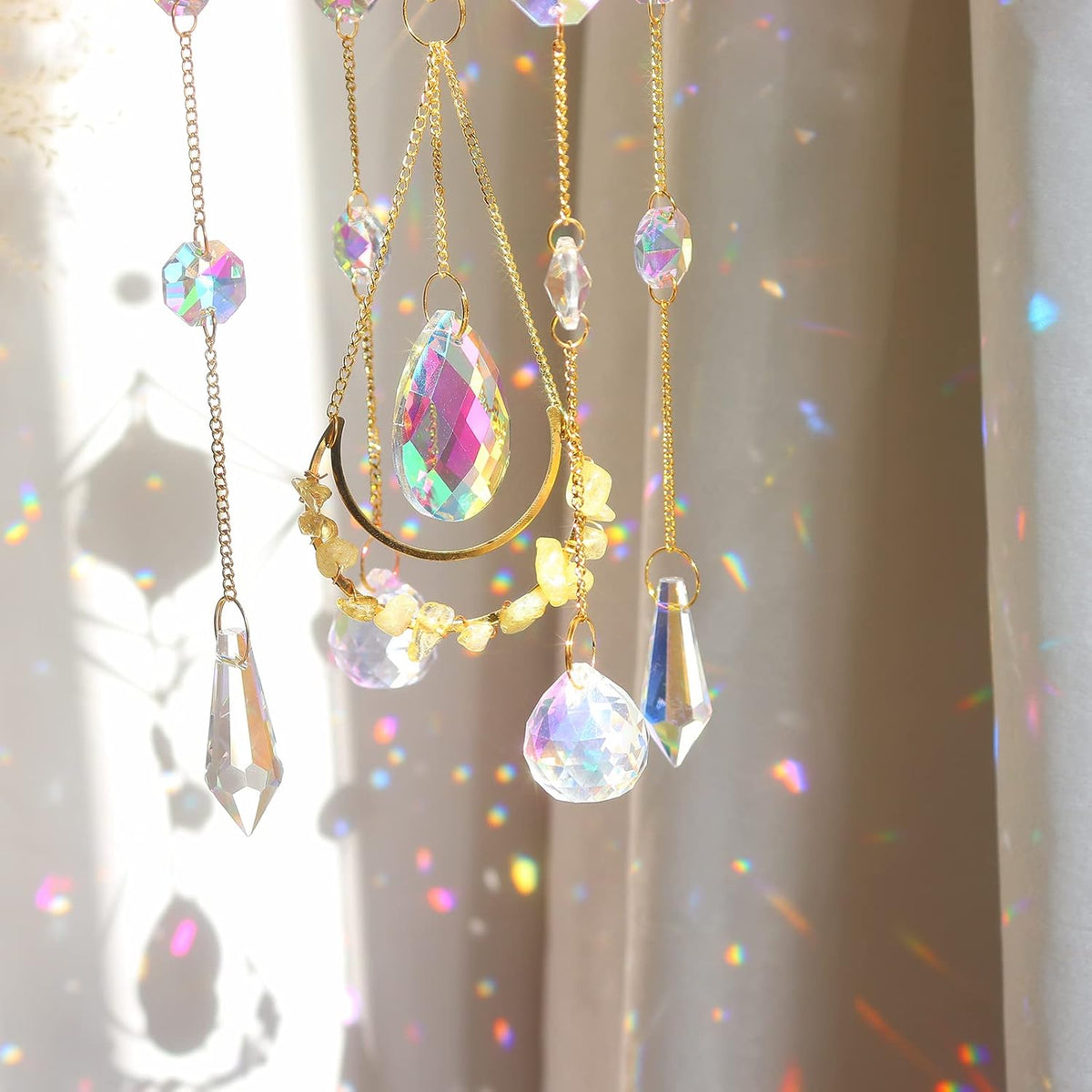 Citrine Crystal Suncatchers Colorful Prisms Windows Decor Garden Wind Chimes with Chain Pendant for