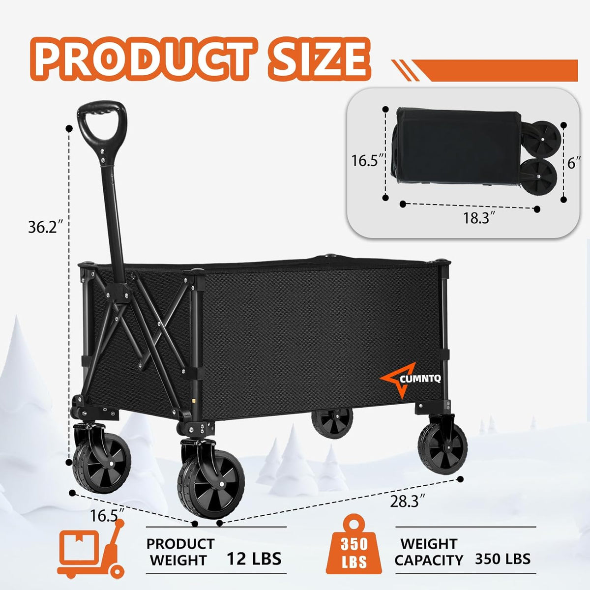 Collapsible Folding Wagon, 350lb Weight Capacity Collapsible Wagon with All-Terrain Wheels, Cup