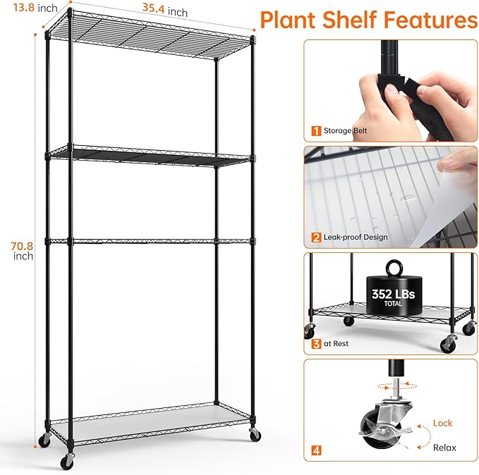 Bstrip Plant Shelf with Grow Light with Timer, Tall Plant Stand with Adjustable Rack and Wheels, 6