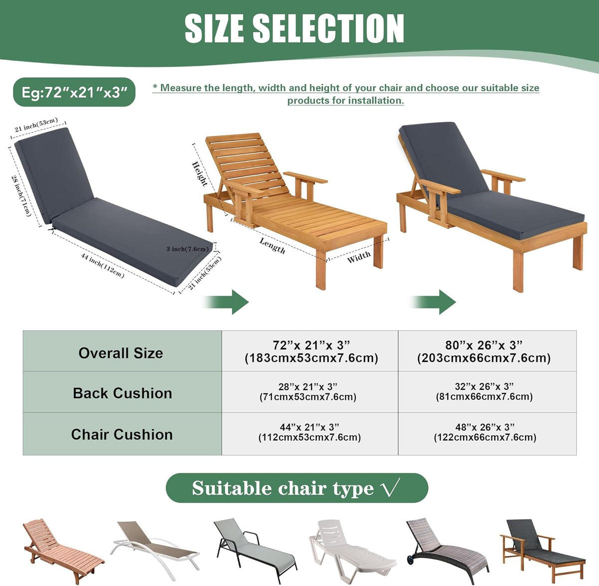 Chaise Lounge Cushions Outdoor Set of 2 - Waterproof and Fade Resistant Sun Lounger Replacement