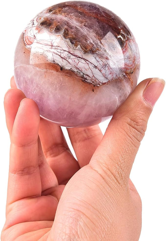 JIC Gem Amethyst Agate Crystal Ball with Wooden Stand Pink Healing Crystal Sphere Ball for Feng