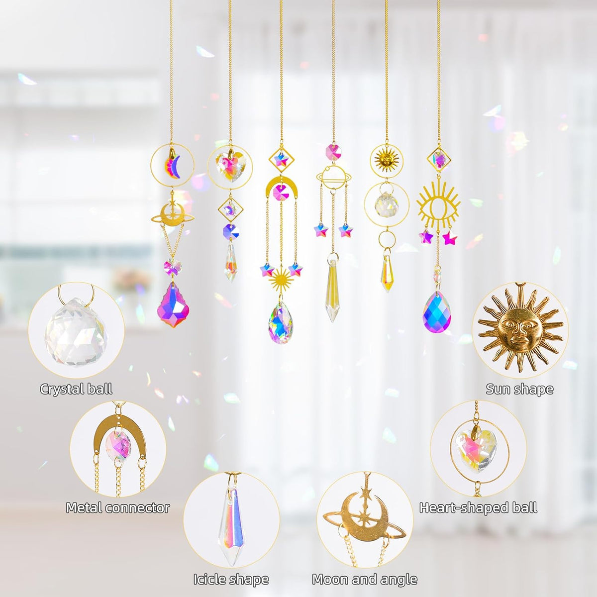 Sun Catchers 6Pieces Colorful Crystals Suncatcher with Chain Pendant Ornaments Hanging Crystals