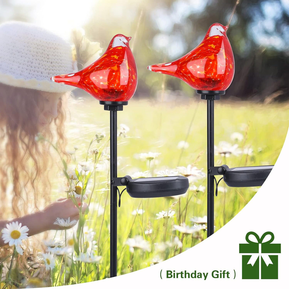 Afirst Solar Outdoor Lights - Decorative Solar Stake Lights Cardinal Handblown Glass Garden Stakes