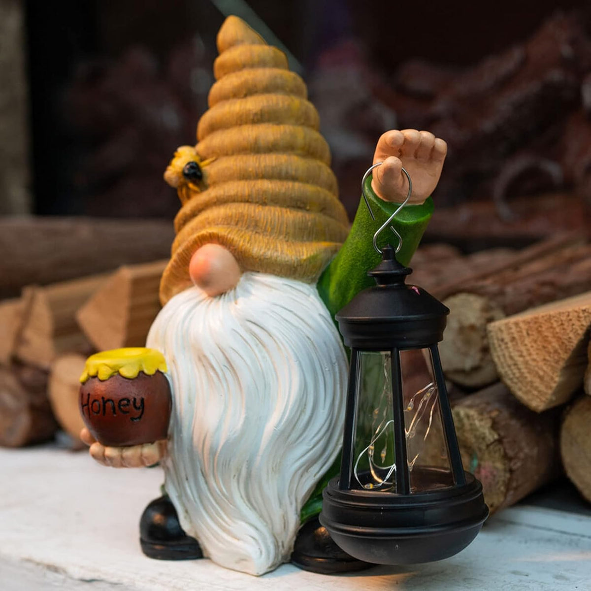 12.3''Solar Garden Gnomes Outdoor Decor Honey Bee jar Gnome Statues with LED Lantern Xmas Patio