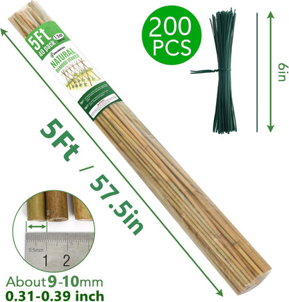 SWANGSA 40 Pack Bamboo Stakes for Plant 5 Feet(57.5inch), Bamboo Sticks Plant Support Garden Stakes