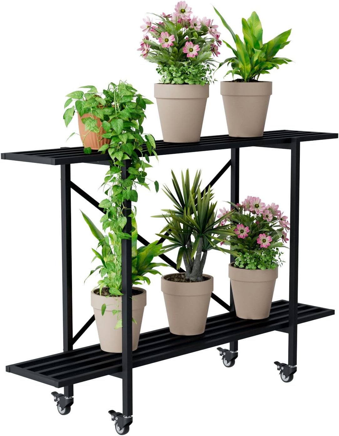 Zhongma 2 Tier Metal Sturdy Narrow Plant Stand with Wheels, Plant Stand Indoor and Outdoor, L45.67