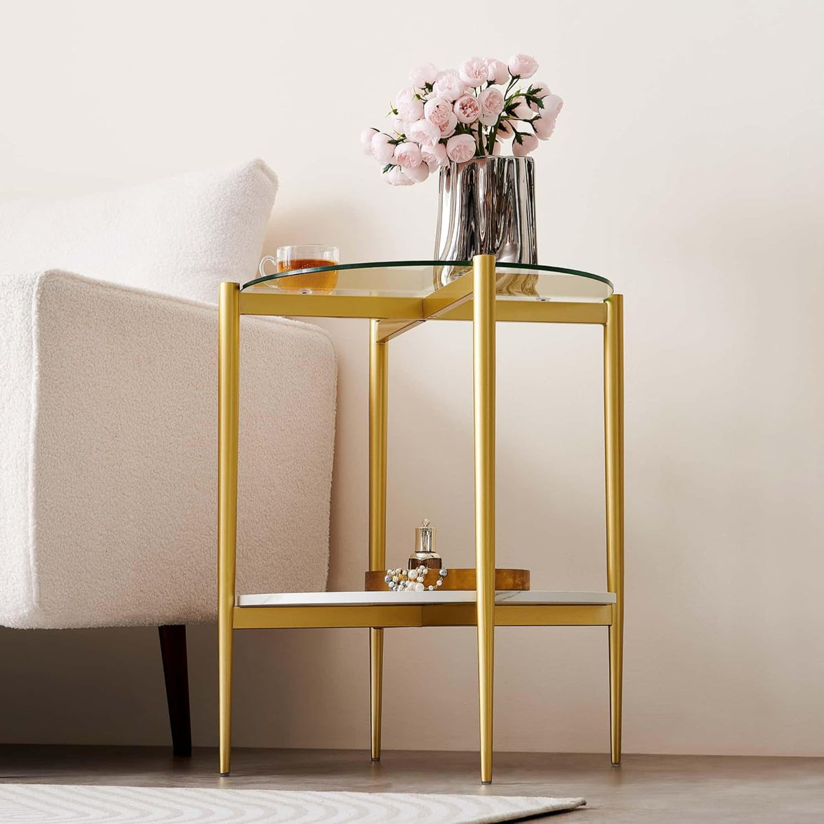 Round Glass End Table, Mid-Century Modern Design Sofa Table for Living Room, D18 x H23 in, 2-Tier