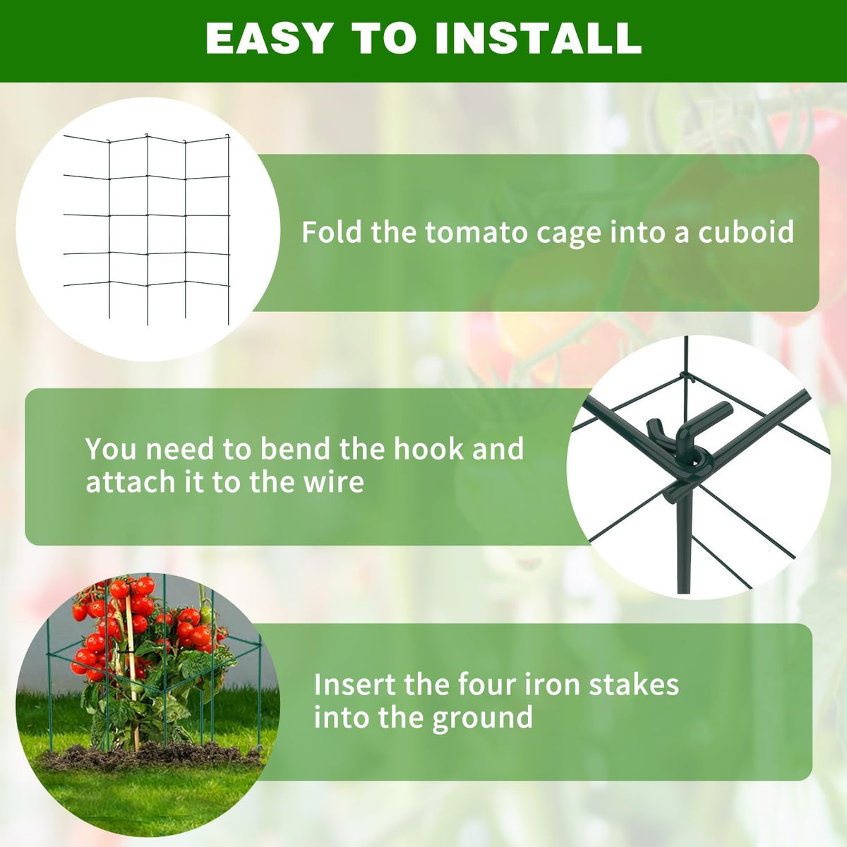 6 Packs Tomato Cages for Garden, 12"×12"×48" Plant Support Cage with Different Spacing, Green Metal