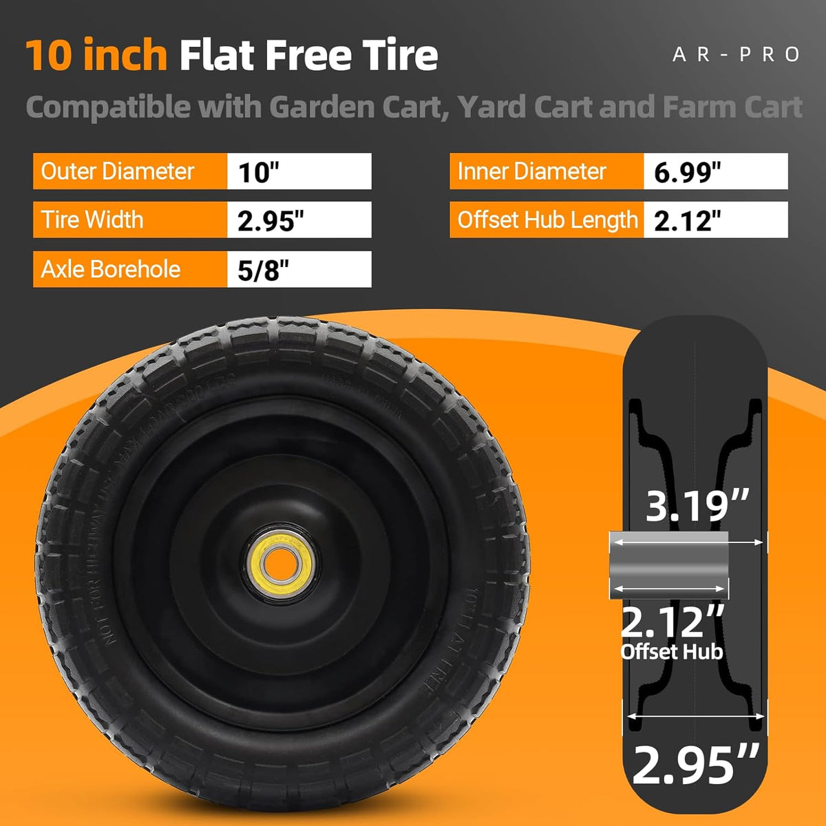 AR-PRO (4-Pack) Replacement Wheels 10 inch Flat Free Tire - Solid Flat-Free Tire and Wheel - 3"