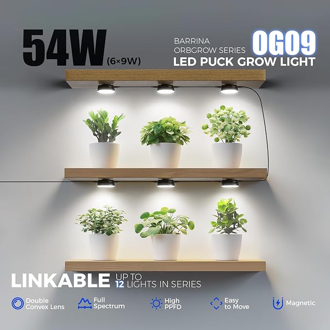 Barrina Orbgrow OG09 Puck Grow Light, 5000K 54W(6 x 9W, 810 Watt Equiv), Full Spectrum Plant Light