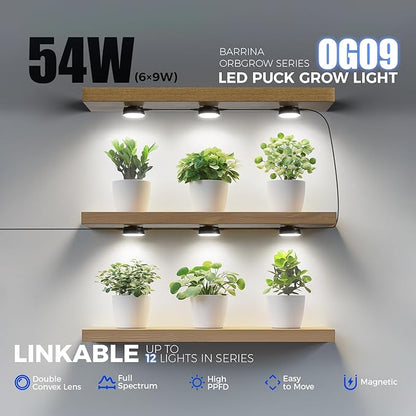 Barrina Orbgrow OG09 Puck Grow Light, 5000K 54W(6 x 9W, 810 Watt Equiv), Full Spectrum Plant Light