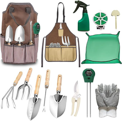 14 PCS Garden Tool Set with Soil Moisture Meter, Stainless Stell Heavy Duty Gardening Hand Tools