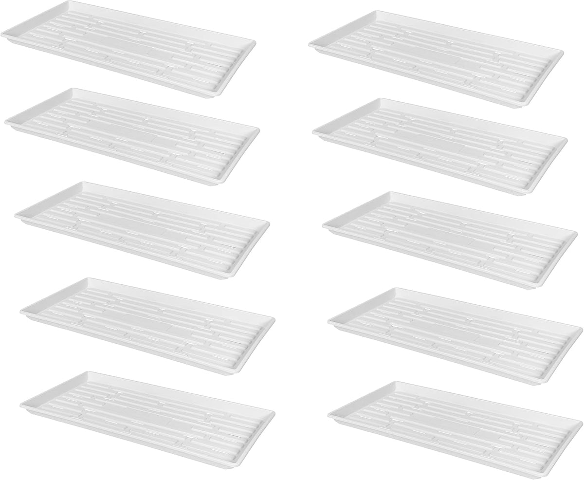 SUNPACK 10" x 20" Heavy Duty Shallow Plastic Seed Starting Tray, White, 1" (Pack of 10) - Lined
