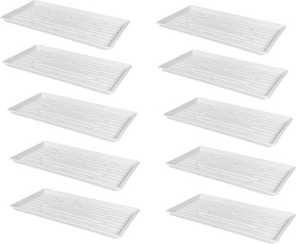 SUNPACK 10" x 20" Heavy Duty Shallow Plastic Seed Starting Tray, White, 1" (Pack of 10) - Lined
