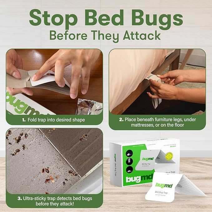 BugMD Bed Bug Trap (1 Pack, 12 Traps) - Interceptors, Bed Bug Prevention, Sticky Glue Traps, Insect