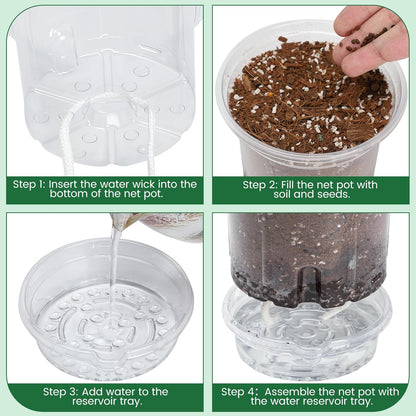 20 Pack 5 Inch Clear Self Watering Plant Pots with Bottom Water Tray & Watering Rope, Transparent