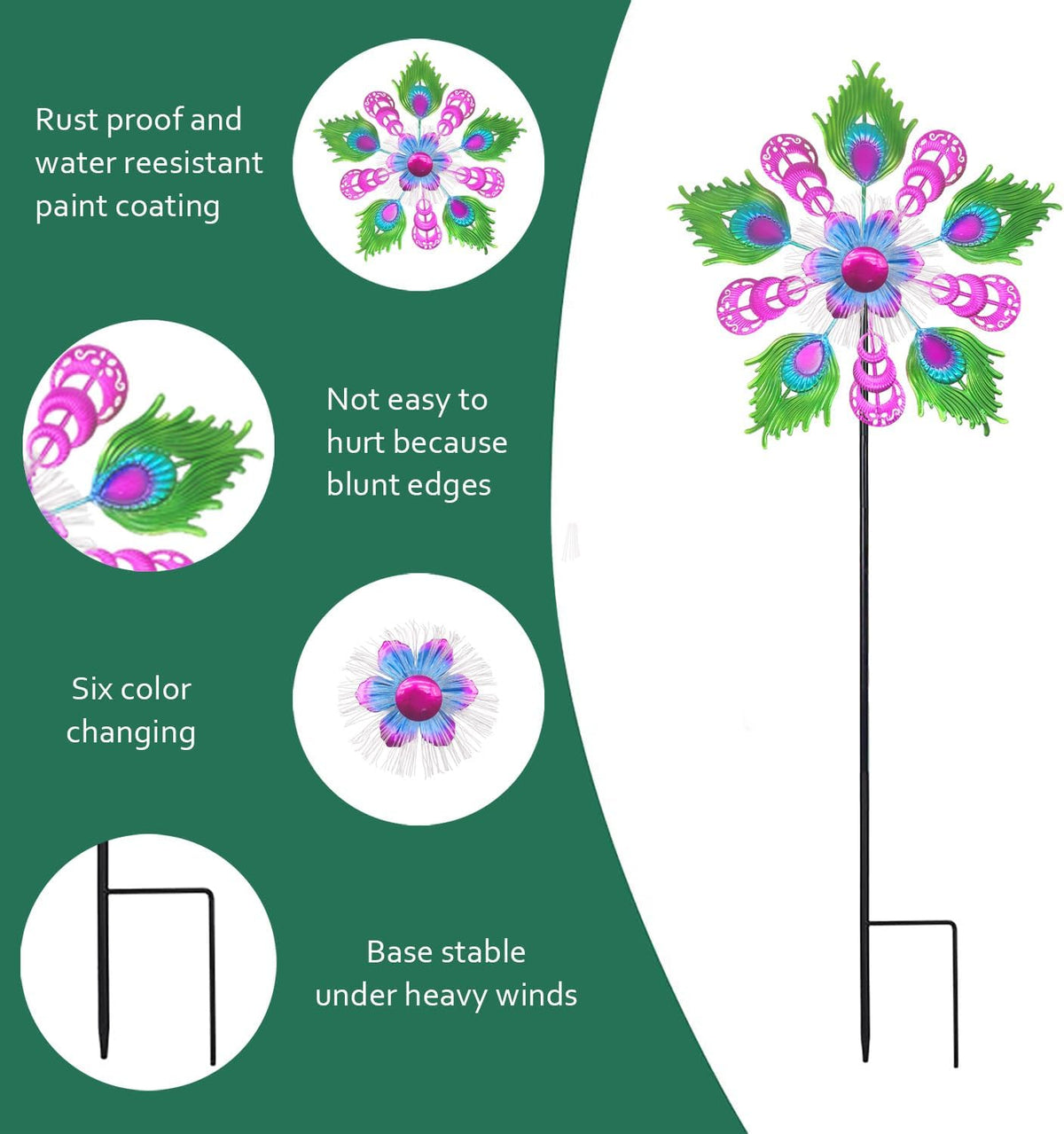 Solar Peacock Wind Spinners for Yard & Garden - 40 Inch Metal Wind Sculpture, Kinetic Windmill with