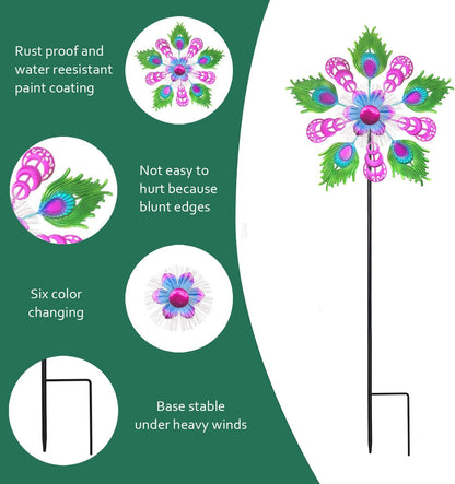 Solar Peacock Wind Spinners for Yard & Garden - 40 Inch Metal Wind Sculpture, Kinetic Windmill with