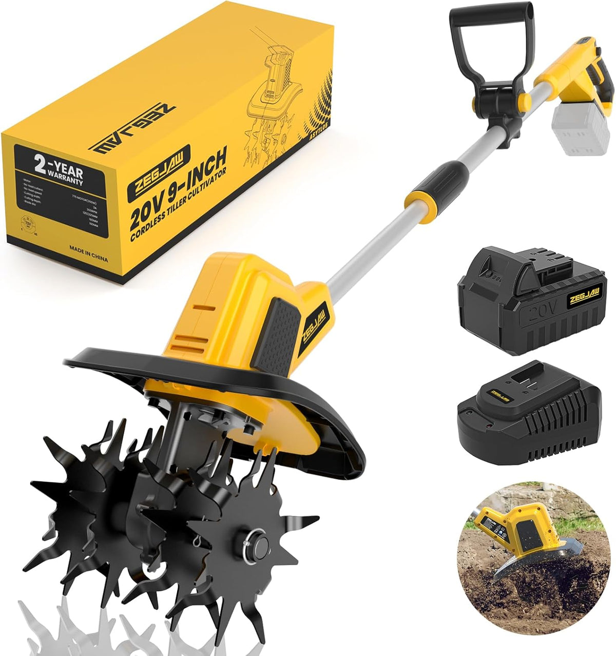 20V Cordless Electric Garden Tiller Cultivator, 9-Inch Tilling Width, 6.6-Inch Depth Rototiller for