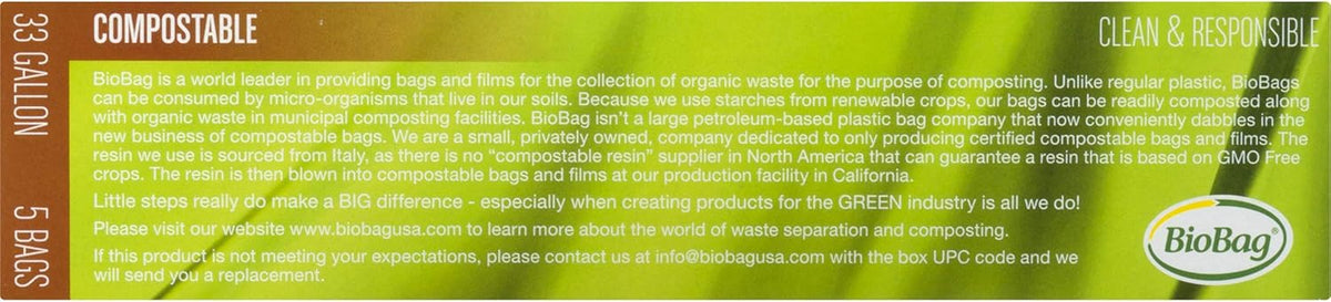 BioBag USA 100% Certified Compostable Lawn & Leaf Yard Waste Bags, 33 Gallon, Large Capacity and