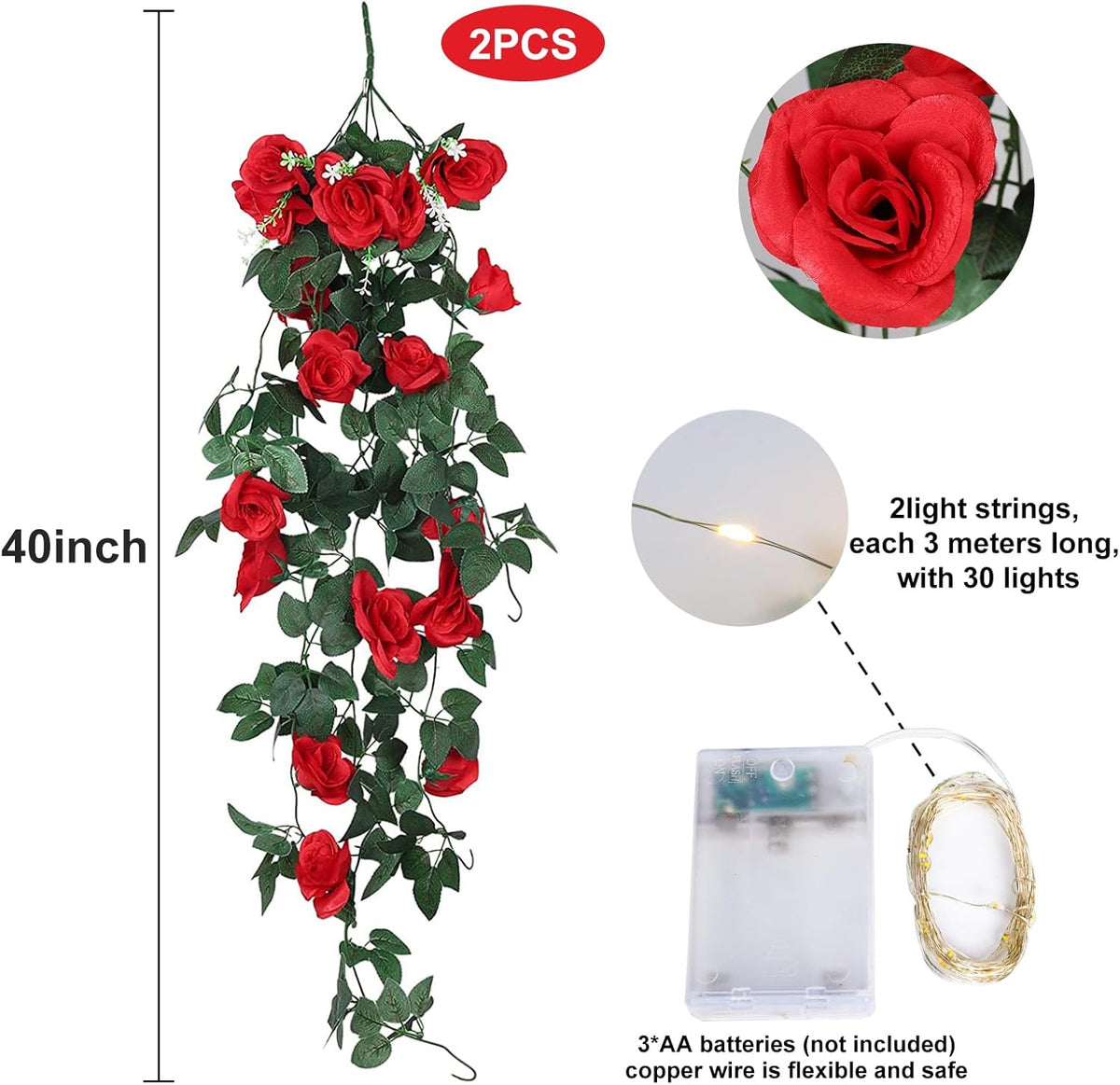 RECUTMS Hanging Flowers Artificial Hanging Rose Flower 2PCS 3.3Ft for Outdoors with 30 LED Fairy