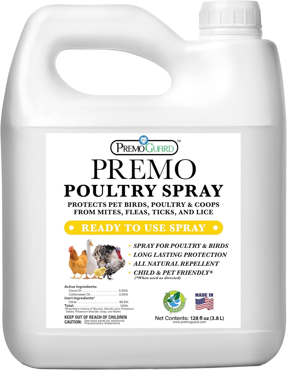 Premo Guard Poultry Spray - 128 oz - Kill Scaly Leg, Mites, Fleas, Lice, & Other Pest on Chickens