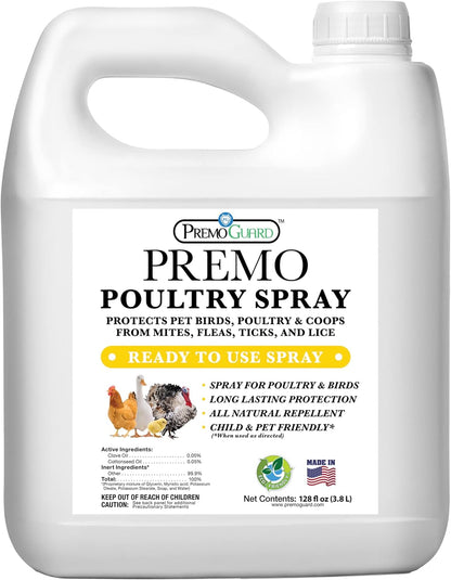 Premo Guard Poultry Spray - 128 oz - Kill Scaly Leg, Mites, Fleas, Lice, & Other Pest on Chickens